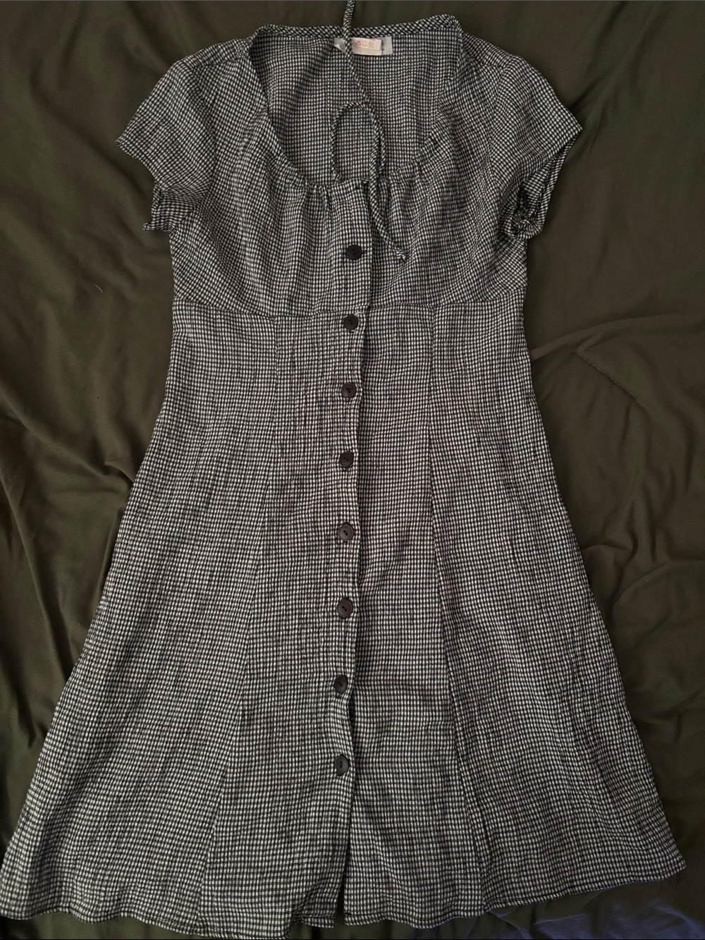 Black & White Gingham Button-Front Short Sleeve Dress